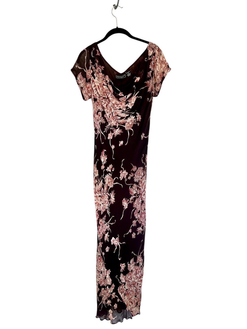 Vintage Nostalgia 90s Y2K bias cut chocolate brown floral maxi dress rayon sz L